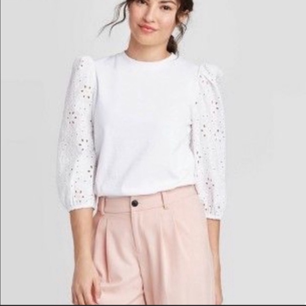 A New Day Puff Sleeve White Eyelet Blouse Size Small